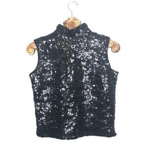 Bonwit Teller Vintage Wool Sequin Paillette Mock Neck Tank Black 36